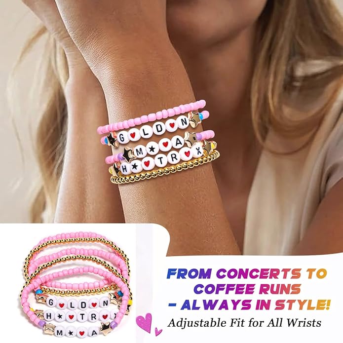 AICase for Korea-Pop Merch Gifts Toys Golden Inspired Bracelets 5 Pcs Stackable Stretch Flower Beaded Bracelets Costume Outfit Merchandise Jewelry Gifts for Fans Christmas Stocking_3110