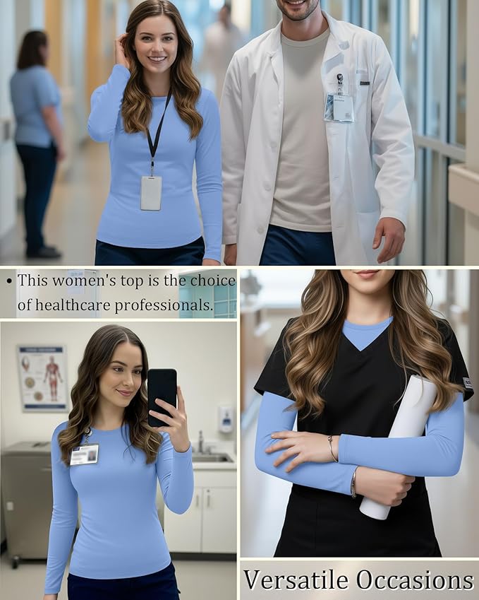 3 Pack Women's Underscrub Shirts Long Sleeve Thermal Scrub Undershirts Nurse Crew Neck Slim Fit Fleece Top Basic Tee