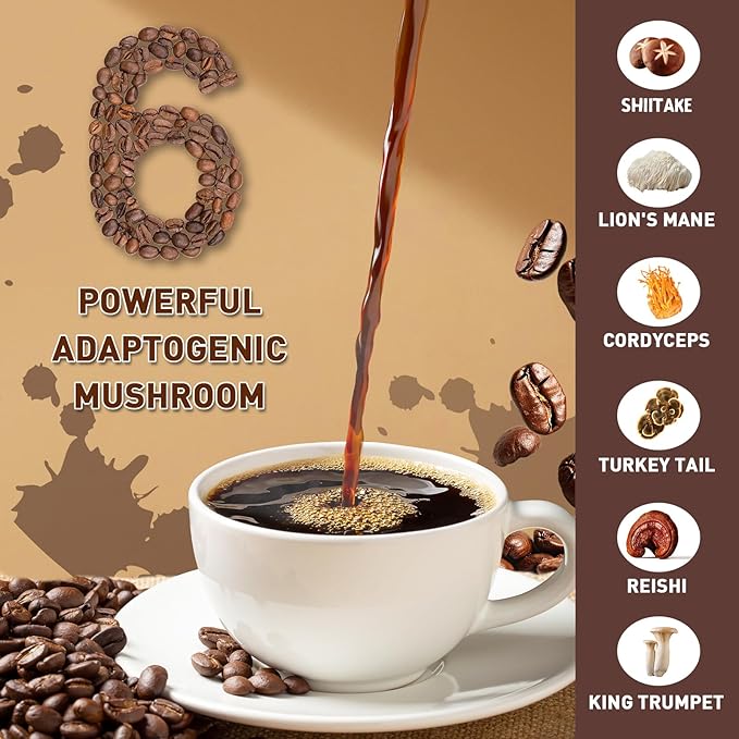Mushroom Coffee | Enhanced Focus, Boosted Immunity, Improved Energy | 6 Adaptogenic Mushrooms: Cordyceps, Reishi, King Trumpet, Shiitake, Lion's Mane & Turkey Tail | 2 Pack
