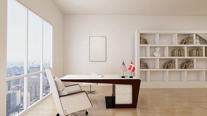 USA American & Denmark Danish Desk Flags, US Denmark Office Table Flag, Small Mini Miniature Danish and US Desktop Flag With 13" Solid Black Pole, Black Base