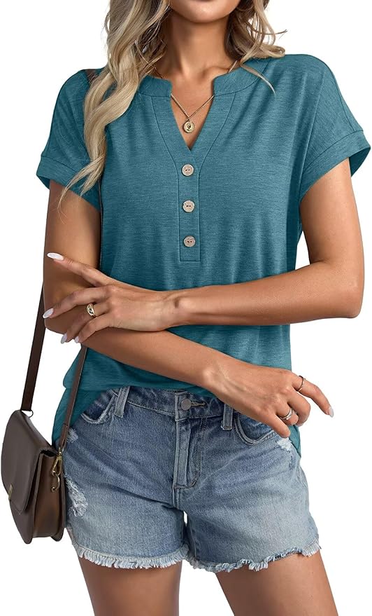 Womens V Neck Cap Sleeve Tops Summer Casual Short Sleeve Shirts Loose Fit Basic Work Tee Trendy Clothes 2025