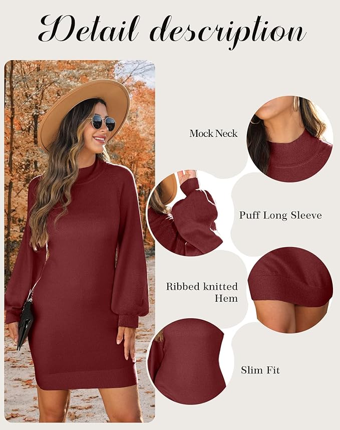GRECERELLE 2026 Women's Mock Neck Ribbed Long Sleeve Bodycon Pullover Cute Mini Sweater Dress (XS-2XL)
