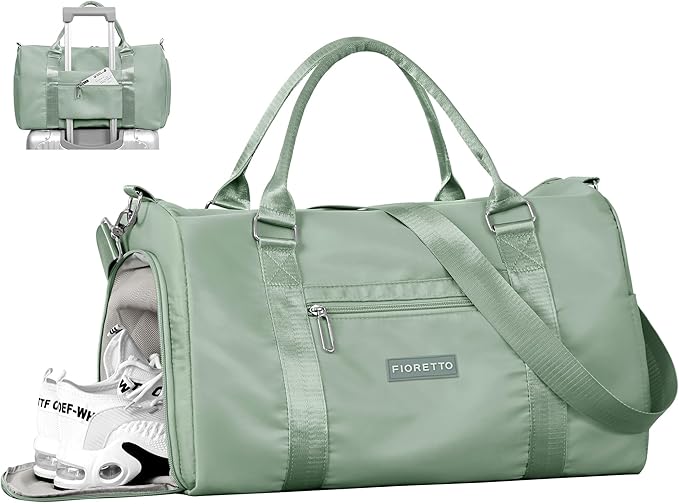 FIORETTO Womens Gym Tote Duffle Bag with Wet Pocket & Shoe Compartment, Sports Duffel Overnight Weekender Hospital Workout Carry on Bag for Girls, Ideal for Travel, Swimming, Dance, Ballet Celadon