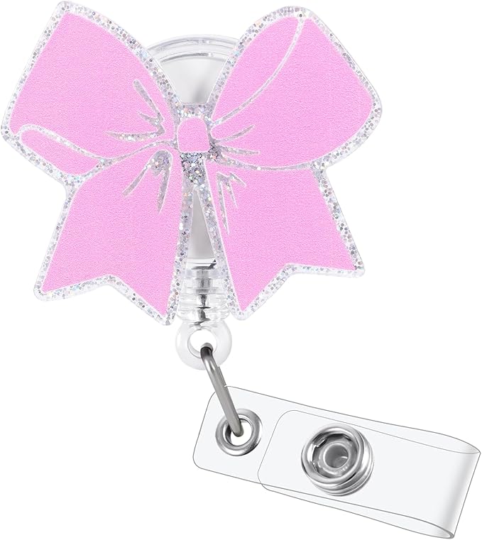 Pink Bow Badge Reel, Cute Retractable ID Card Badge Holder, Name Tag Work Badge Clip for ICU NICU RN LPN CNA MA ER Night Shift Nurse Nursing Student Pediatric OB/GYN Doctor Teacher, Nurse Gifts