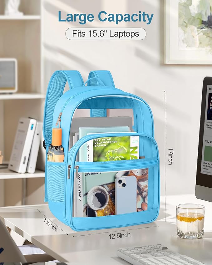 KIMNERPU Clear Backpack, Heavy Duty Transparent Bookbag for School, Fabric & PVC Transparent Backpack with Reinforced Strap for Women Men, Capacity Clear Bag for College, Sky Blue