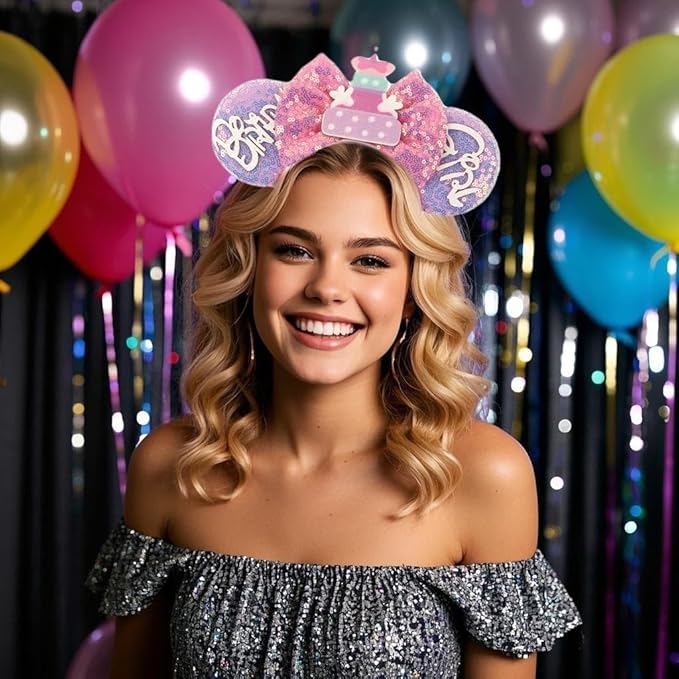 XINGKANG Mouse Ear Sparkling Headband, pink bow, birthday, Balloons, Castle, Firmly Occupying the C Position at the Party