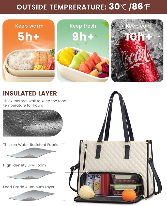 LOVEVOOK Lunch Tote Bag for Women, 17.3 Inch Laptop Bag with Insulated Lunch Compartment, Quilted Large Capacity Computer Handbag with Purse for Business, Work, Nurse, Office, Collage, Casual