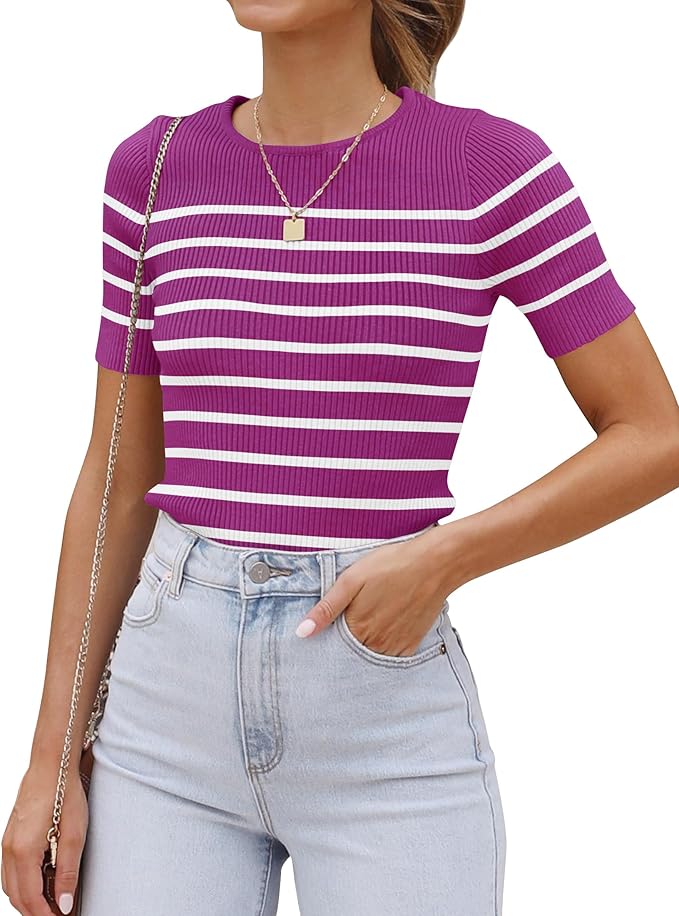 ZESICA Women's Short Sleeve Crewneck Striped T Shirt 2026 Summer Ribbed Knit Slim Fit Casual Basic Tee Tops