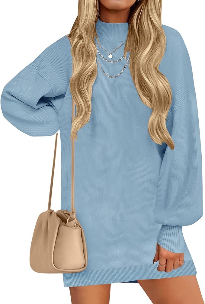 ZESICA Women's 2026 Fall Turtleneck Sweater Dress Oversized Long Lantern Sleeve Casual Knit Pullover Mini Dresses