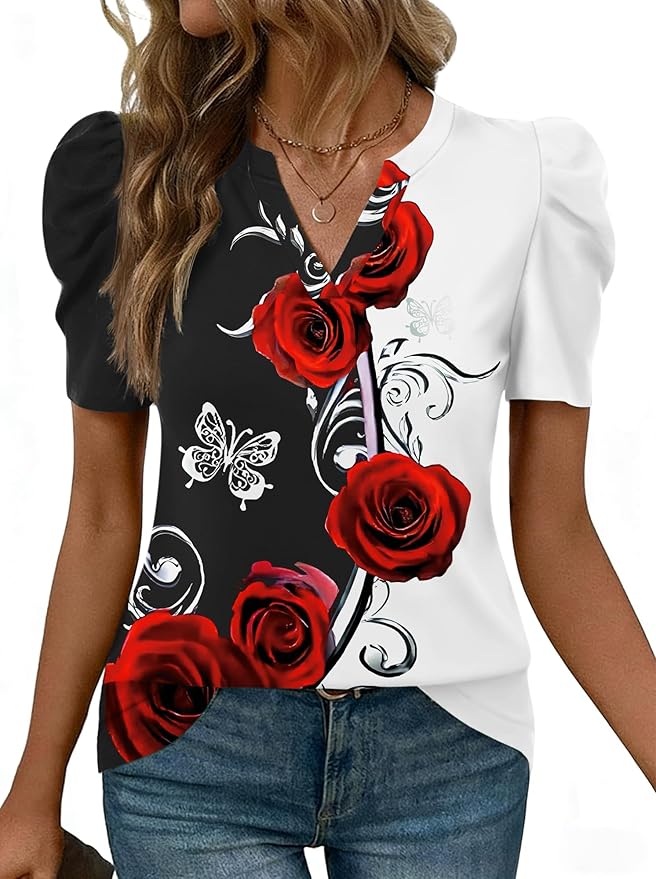 Lomon Spring Summer Tops for Women 2026 V Neck Puff Short Sleeve Tops Fashion Trendy Work Blouses Dressy Casual S-XXL
