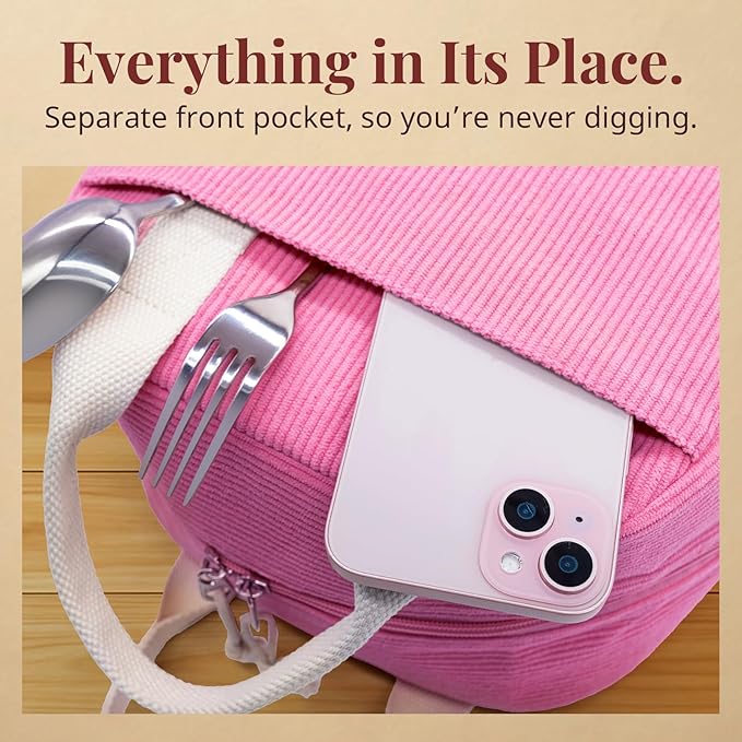 Insulated Vintage Pink Lunch Bag for Women, Stylish Corduroy Tote with Aluminum Lining, Large Capacity Reusable Cooler for Work, Travel, or Beach, Beige Cream Water-Resistant Lunch Box