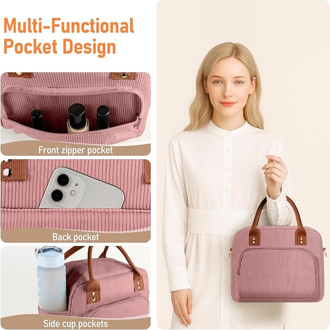 Lunch Bag Large Insulated Lunch Box for Women Men Adult Cute Pink Lunchbox Corduroy Lunch Bags Boxes Pail with Adjustable Shoulder Strap for Work Mom Picnic Office Travel 11.4×6.8×9.1 inches 11.5L
