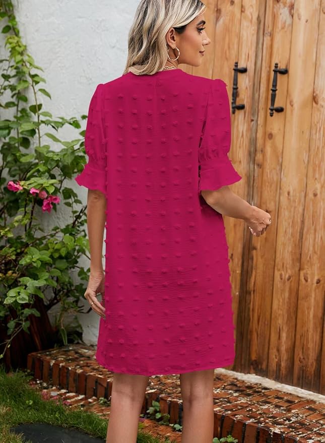 QACOHU Summer Dresses for Women V Neck Ruffle Short Sleeve Casual Shift Dress