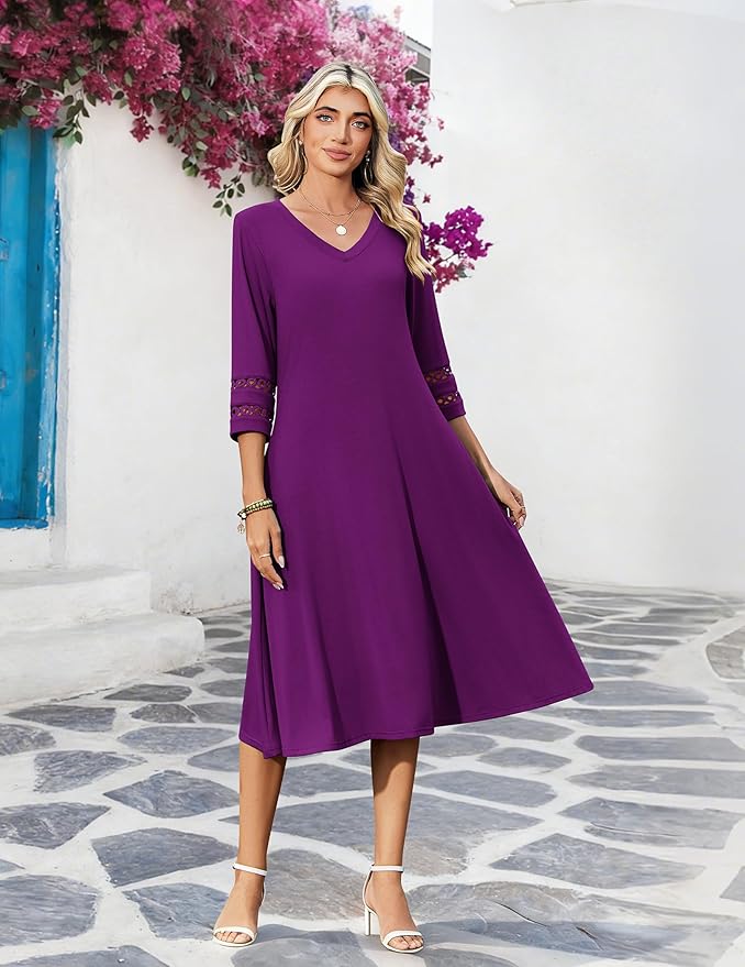 Zeagoo Women's Dresses 3/4 Sleeve Summer Casual V-Neck A Line Flowy Eyelet Midi Dress for Women Beach Vacation Sundress