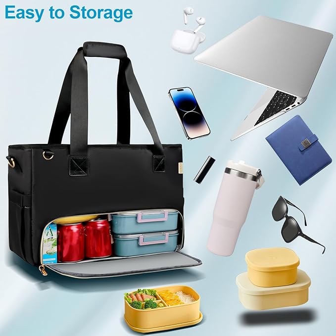 2-in-1 Laptop Tote Bag for Women with Big Insulated Lunch Compartment, Soft Nylon Work Tote Bag with 15.6 Inch Laptop Compartment& Cup Holder for Teacher Nurse Business Travel Daily (Black)
