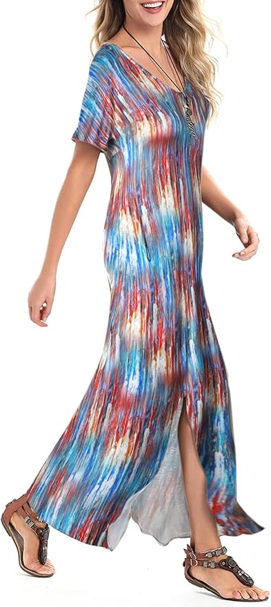 Arolina Women's Summer Maxi Dress Short Sleeve V Neck Casual Loose Long Beach Split Dresses with Pockets
