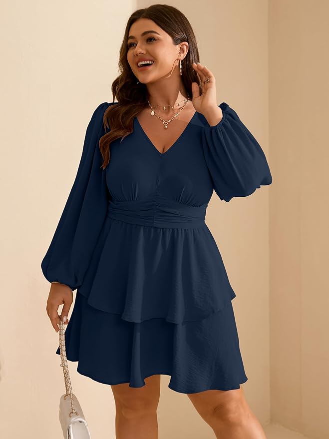 RWJ Plus Size Dresses for Curvy Women V Neck Long Sleeve Elastic Waist Fall Wedding Guest Layer Casual Mini Dress