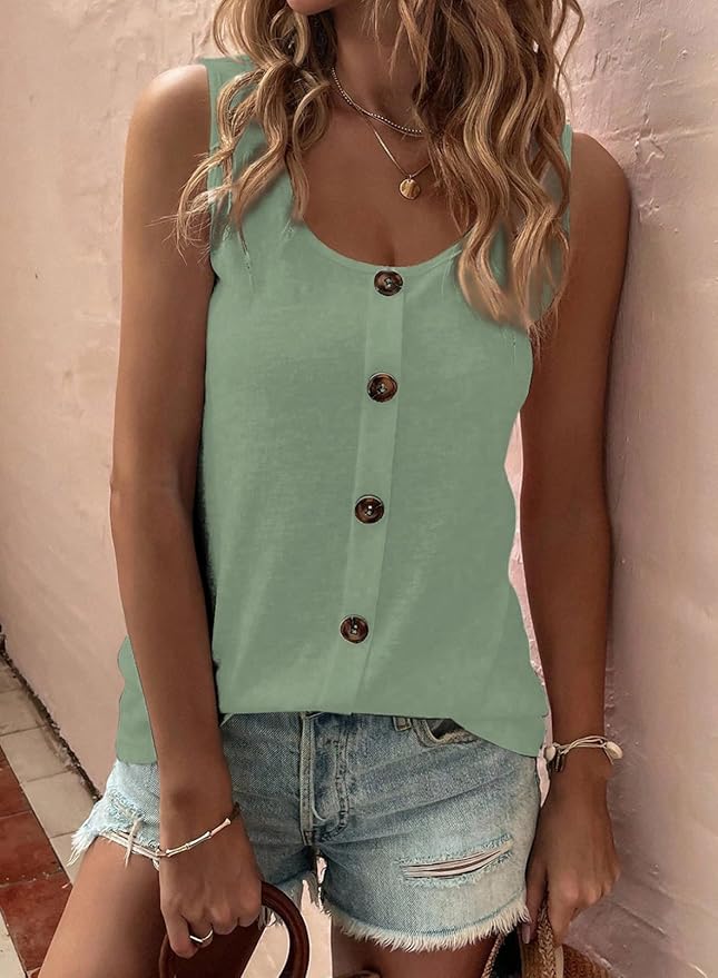 SHEWIN Womens Tank Tops Solid Button Crewneck Sleeveless Summer Tops Loose Fit