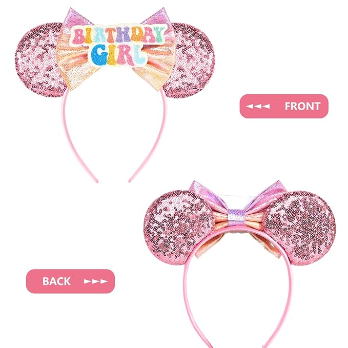 HAMUTH Birthday Girl Headband, Mouse Ears Headband Hairs Accessories for Women Girls,Princess Birthday Decorations for Party Trip Parks Cosplay Accessories