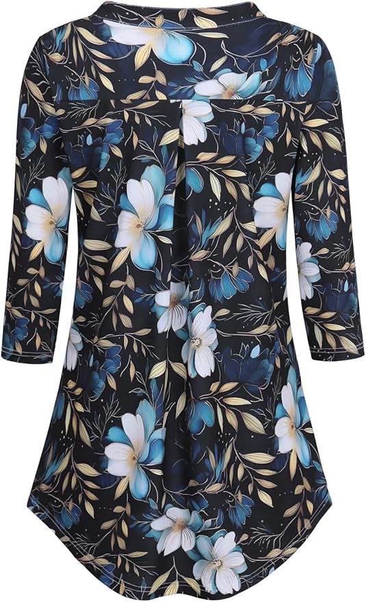 BAISHENGGT 3/4 Sleeve Tops for Women Notch V Neck Floral Work Blouses Dressy Casual Loose Fit Going Out Tunic Tops