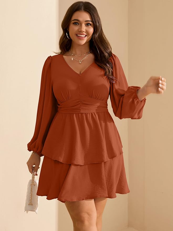 RWJ Plus Size Dresses for Curvy Women V Neck Long Sleeve Elastic Waist Fall Wedding Guest Layer Casual Mini Dress