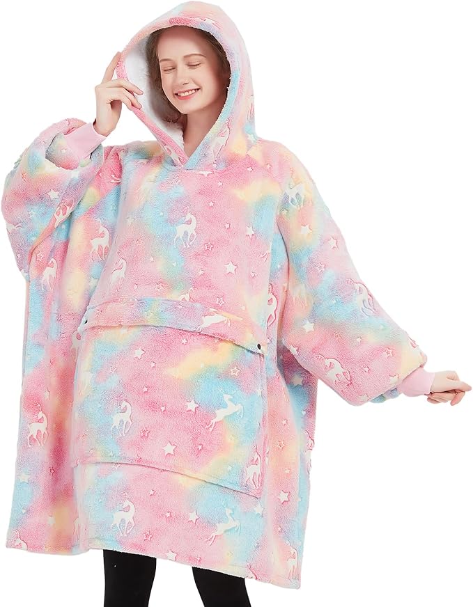 Glow in The Dark Wearable Blanket Hoodie for Adults Sherpa All Patterns Oversized Sweatshirt Blanket with Pockets Cute Gifts for Women Rainbow