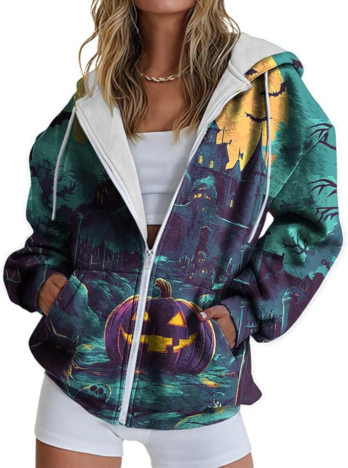 domirica Halloween Hoodie Lightweight Zip Hoodies For Women Fall Casual Vintage Sweatshirt Casual Wear Fashion Outfits