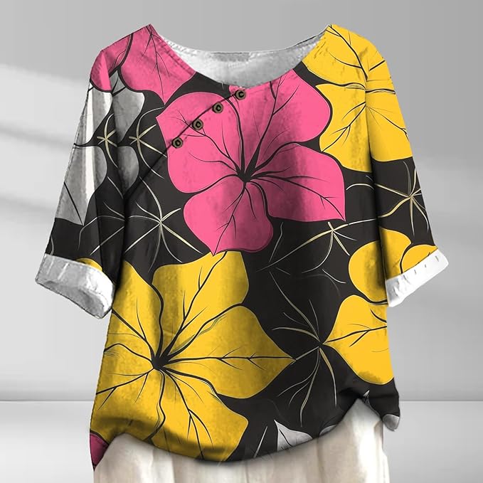 Women's Shirts Dressy Casual Asymmetric Side Button Down Design Tops Summer Loose Fit Crewneck Graphic Tees