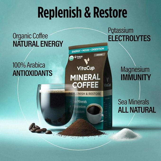 VitaCup Mineral Coffee with Trace Minerals, Hydrate, Replenish & Restore w/All Natural Sea Minerals, Electrolytes, Organic, Single Origin, Medium Dark Roast, Ground Coffee, 6 Bags 10oz Each