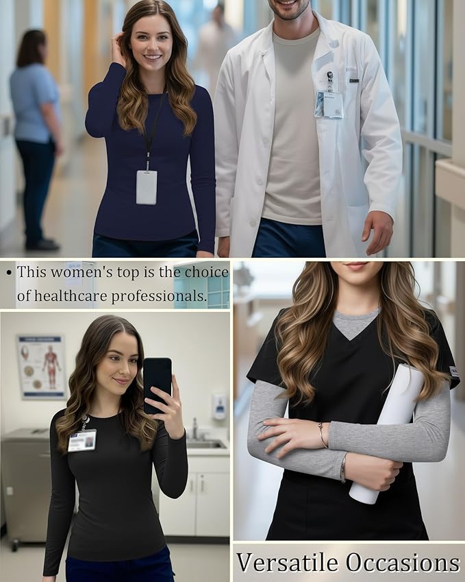3 Pack Women's Underscrub Shirts Long Sleeve Thermal Scrub Undershirts Nurse Crew Neck Slim Fit Fleece Top Basic Tee