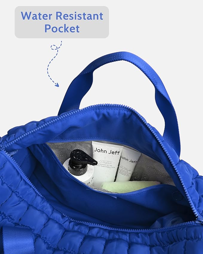 Quilted Duffel Travel Bag for Women, Puffer Gym Duffle Bag with Shoe Compartment Lightweight Large Crossbody Sport Bag Tote Blue