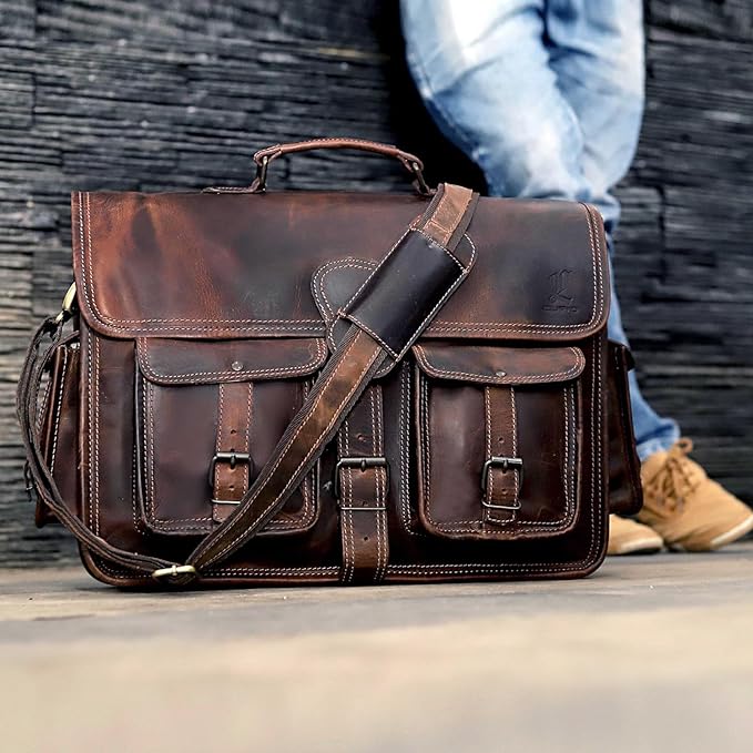 cuero Leather Messenger Bag for Men, 16 Inch Laptop Crossbody, Vintage Handmade Leather Shoulder Satchel Bag for Men, Full Grain Business Briefcase for Office/Work/Travel - Brown