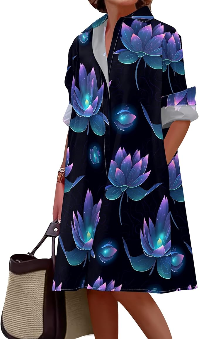 Shirt Dresses for Women 2025 Summer Long Sleeve Casual Plus Size Floral Printed Beach Vacation Dress with Pockets