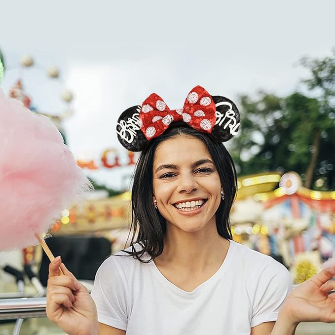 LIHELEI Mouse Ears Headband for Birthday Women, Sequin Mouse Ears for Women Princess Birthday Party Halloween Costume, Shiny Park Ears for Adult - Red and Black