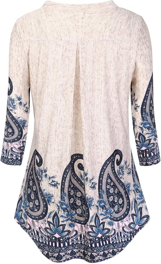 BAISHENGGT 3/4 Sleeve Tops for Women Notch V Neck Floral Work Blouses Dressy Casual Loose Fit Going Out Tunic Tops