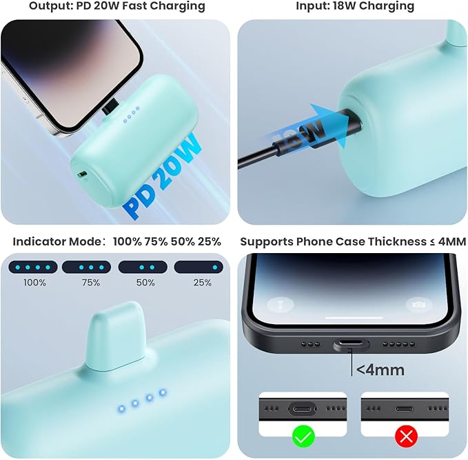 [2-Pack] Mini Portable Charger for iPhone,5200mAh Ultra Compact PD Fast Charging Power Bank,Plug-in Battery Pack Travel Cordless Phone Charger,Compatible with iPhone 14/14Pro/13/12/11/X/8/7/6plus etc