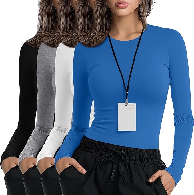 4 Pack Women's Underscrub Shirts Nurse Undershirts Long Sleeve Crewneck Slim Fit Tops Soft Stretchy Basic Tee