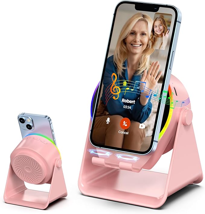Wireless Induction Speaker, 4 in1 Phone Stand Bluetooth Speaker Amplifier with Colorful Ambient Light 360° Rotation Holder for Tablet iPhone Android,Portable Birthday Gifts for Adults Teens (Pink)