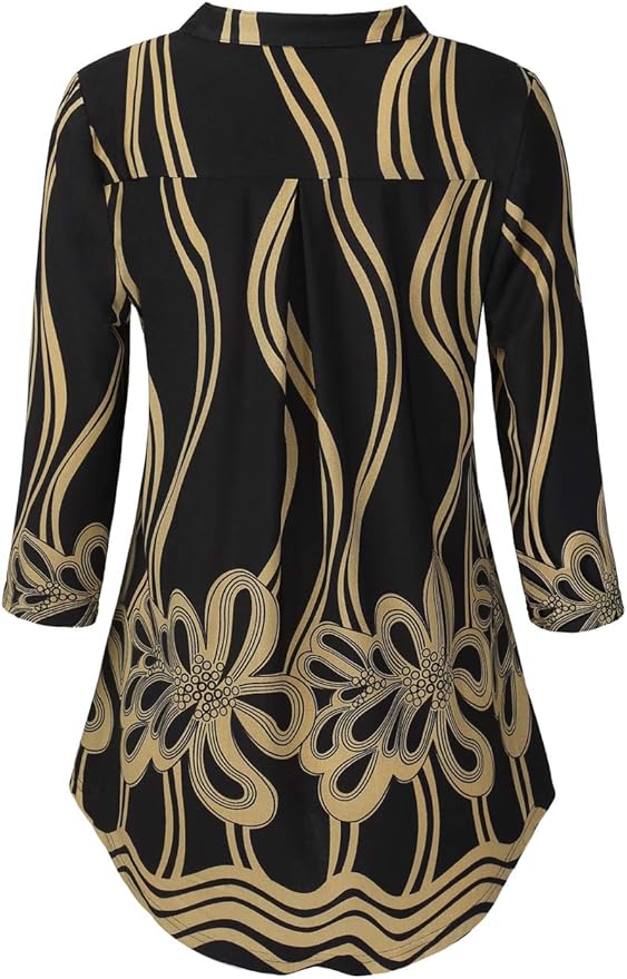 BAISHENGGT 3/4 Sleeve Tops for Women Notch V Neck Floral Work Blouses Dressy Casual Loose Fit Going Out Tunic Tops