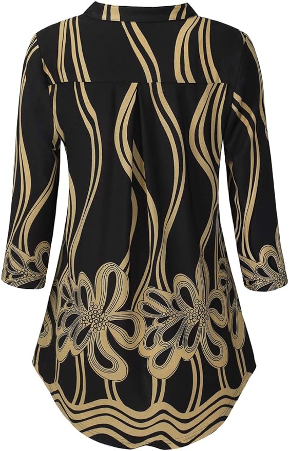 BAISHENGGT 3/4 Sleeve Tops for Women Notch V Neck Floral Work Blouses Dressy Casual Loose Fit Going Out Tunic Tops