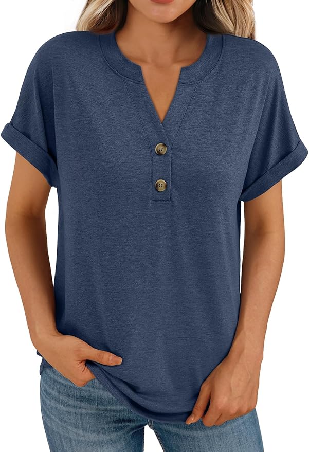 AUTOMET Women's Short Sleeve Shirts Henley Dressy Casual Summer Tops 2026 Spring Fashion Trendy Cute T-Shirts