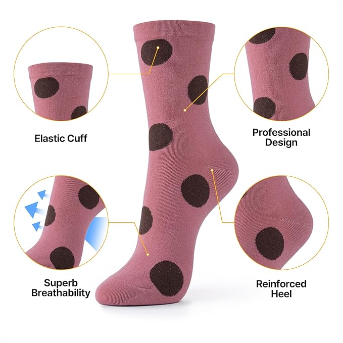 Kikiya Women's Cotton Crew Socks - Cute Flower Graphic Polka Dot Striped Heart Patterned - Ladies Girls Casual Socks Size 6-8