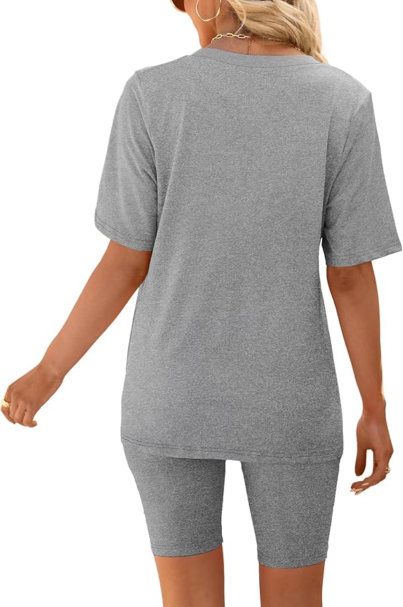 AGSEEM Two Piece Outfits For Women Summer V Neck T-Shirt Tops Biker Shorts Workout Sports Tracksuit