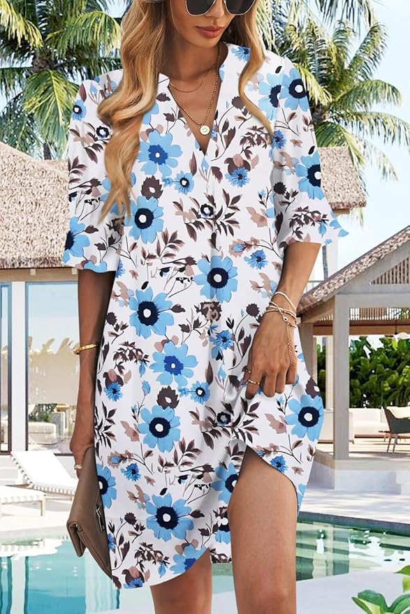 QACOHU Summer Dresses for Women V Neck Ruffle Short Sleeve Casual Shift Dress