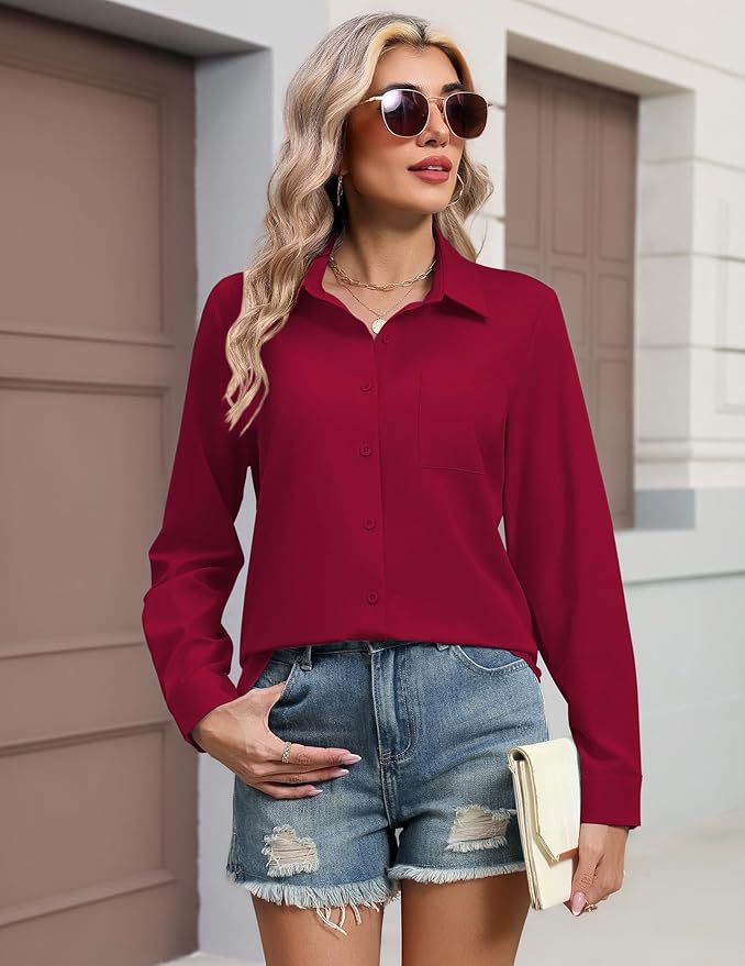 HOTOUCH Button Down Shirts for Women Long Sleeve Blouse Dressy Casual Business Work Tops with Pocket