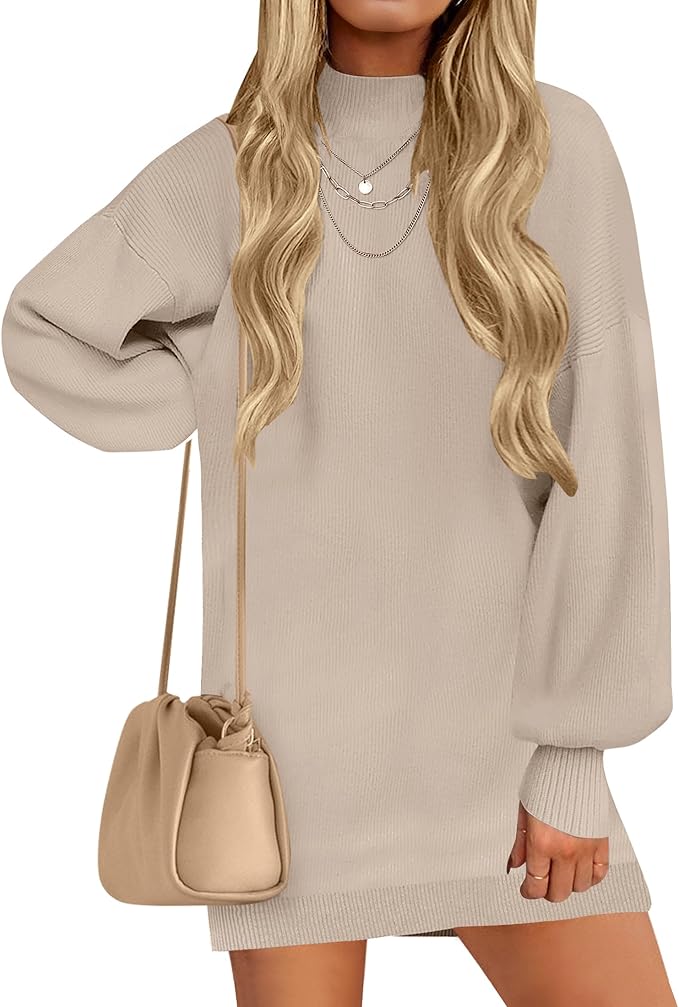 ZESICA Women's 2026 Fall Turtleneck Sweater Dress Oversized Long Lantern Sleeve Casual Knit Pullover Mini Dresses