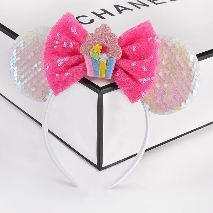 Seamoy Birthday Pink Minnie Ears Headband, Sparkle Birthday Mouse Ears, Princess Headwears for Women Girls (1 Count, Pink)