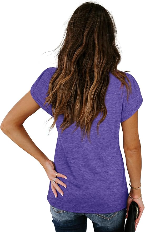 WIHOLL Womens Tops V Neck Summer Petal Sleeve Casual Tshirts