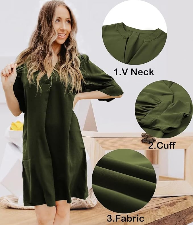 QACOHU Summer Dresses for Women V Neck Ruffle Short Sleeve Casual Shift Dress