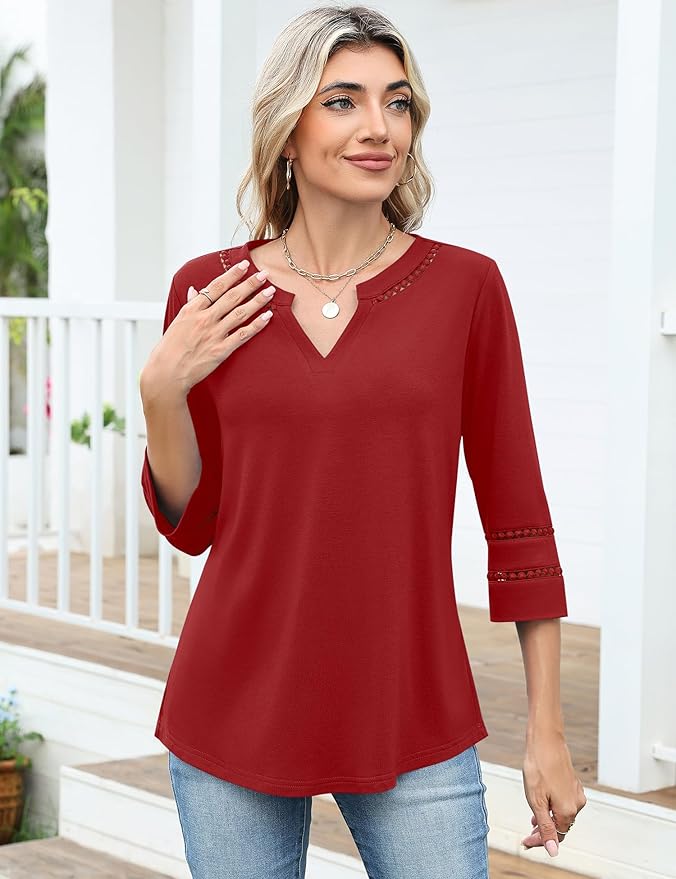 Ivicoer 3/4 Length Sleeve Womens Tops V Neck Lace Embroidered Summer Blouses Loose Fit Tunic Dressy Casual